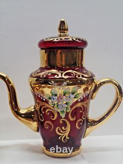 Service à café et à thé vintage Murano Italie rouge rubis en or 24 carats floral