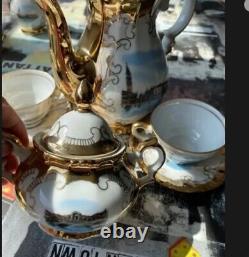 Service à thé en porcelaine de Chine Bone Vintage Bareuther Bavaria Venecia Panorama 17 pièces avec dorure