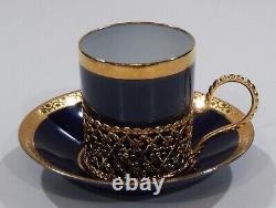 Stupéfiant Limoges Cobalt Blue & Gold Coffee Cup & Saucer Avec Support Métallique Ajusté