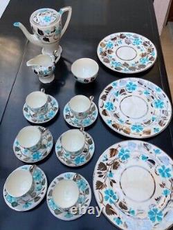 Superbe ensemble de café vintage Myott Silver Lustre Blue Flower peint à la main