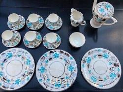 Superbe ensemble de café vintage Myott Silver Lustre Blue Flower peint à la main