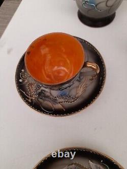 Vintage 1950s Peint À La Main Japon Dragon Design 13piece Tea Set Orange Noir