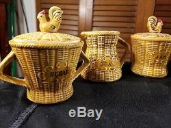 Vintage 8 Pièces En Céramique Thé Avec Coqs Et Modèle Basket Weave