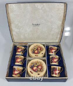 Vintage Aynsley Coffee Set Tasses Saucers Boîte Originale Orchard Or Signé D Jones