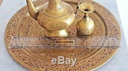 Vintage Brass Arabe Cuivre Bronze Islamique À Thé Café 3 Tasses + Creamer + Plateau