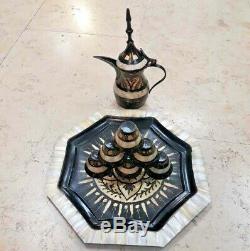 Vintage Main Palestinienne Gravé Laiton Nacre Café Set Bethlehem