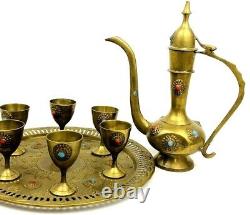 Vintage Moorish Style Laiton Cafe Ewer Set Turquoise & Carnelian Inlaid Stones