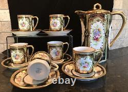 Vintage Occupé Japon Oritake Peint À La Main Jeweled Coffee Chocolate Set
