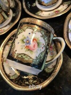 Vintage Occupé Japon Oritake Peint À La Main Jeweled Coffee Chocolate Set