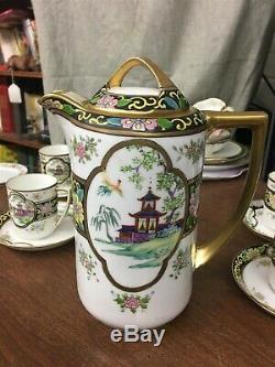 Vintage Peint À La Main Nippon Coffee Pot Set Avec 4 Coupes & Saucers