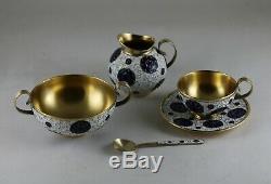 Vintage Russe Urss Gilt En Argent Sterling 916 Cloisonné Set Café