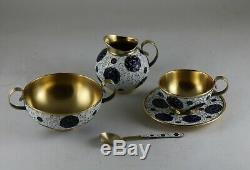 Vintage Russe Urss Gilt En Argent Sterling 916 Cloisonné Set Café