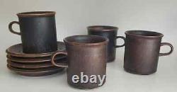 Vtg MCM Arabia Finland Ruska Brown Moucheté 3 1/2 Tasse À Café Mug Soucoupe Set 4