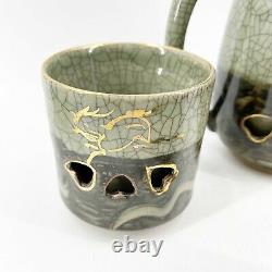 Vtg Rare Somayaki Soma Ware Green Crackle Horse Heart Café Thé Pot 4 Tasses Set